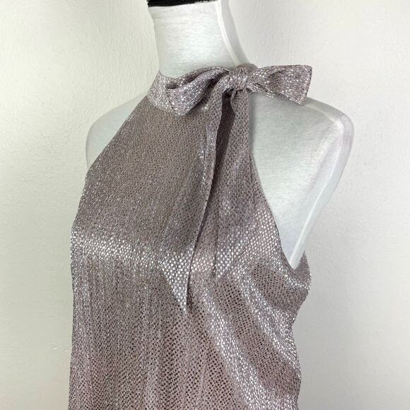 Parker | NWT Blush Pink Silver Metallic Tie Neck A-line Sleeveless Blouse - Picture 5 of 10